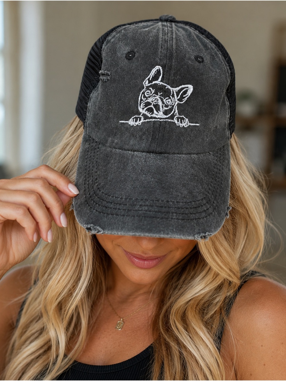 Black Washed Trucker Hat with White French Bulldog Embroidery